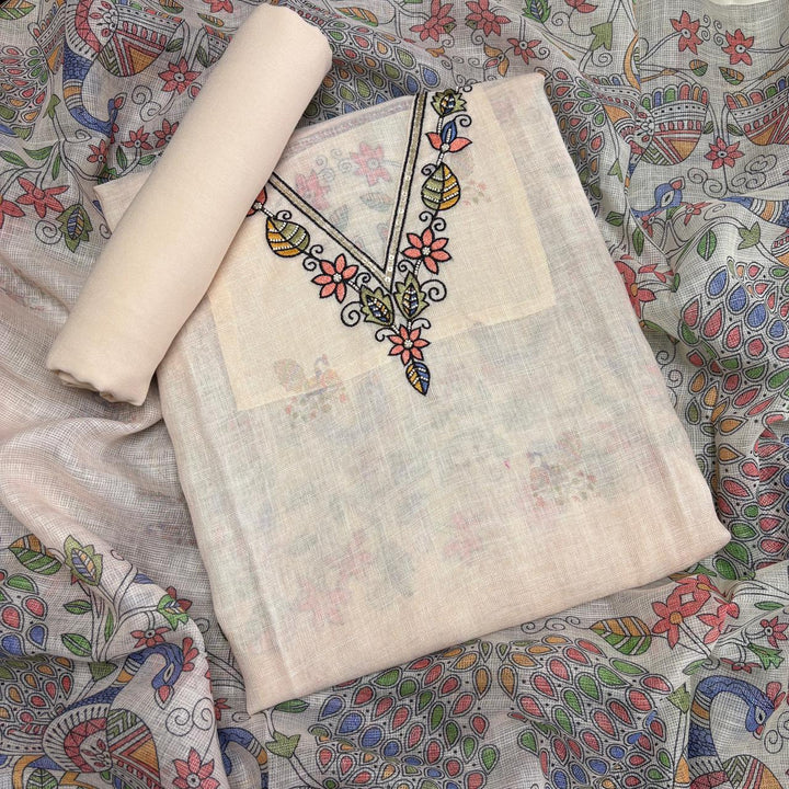 Premium Linen Cotton Moti Work Unstitched Suit Set-V18578B-A