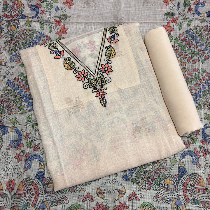 Premium Linen Cotton Moti Work Unstitched Suit Set-V18578B-A