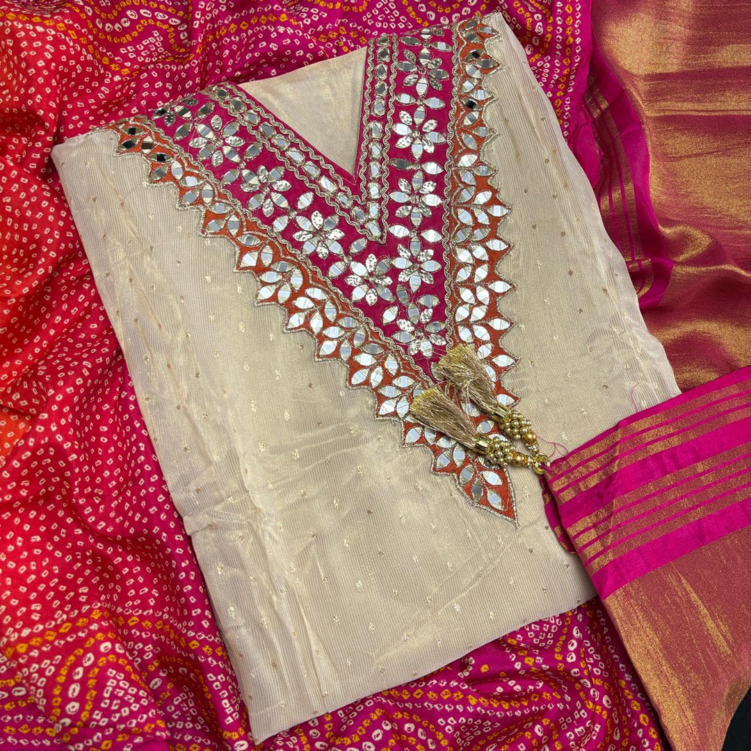 Elegant Organza Silk Gota Patti Work Unstitched Suit Set-NO4045-A