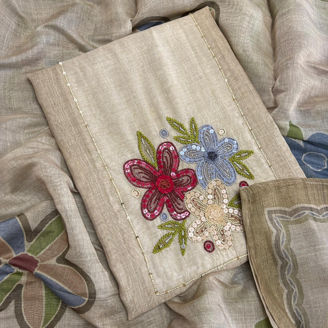Elegant Chanderi Pearl Moti Work Unstitched Suit Set-NRK8695-1