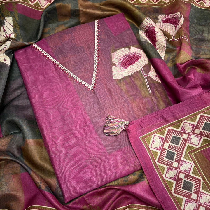 Elegant Organza Silk Thread Work Unstitched Suit Set-VTA214-A