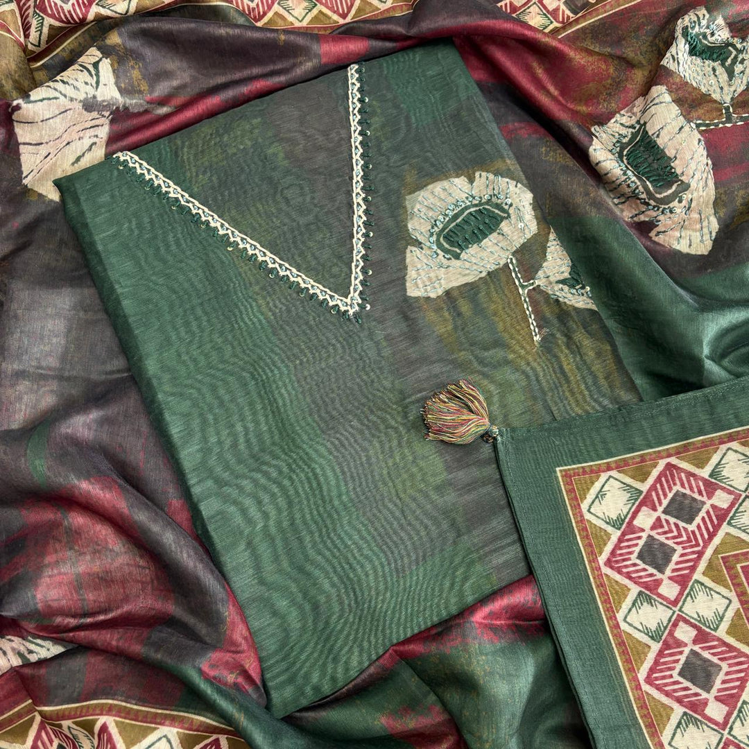 Elegant Organza Silk Thread Work Unstitched Suit Set-VTA214-D