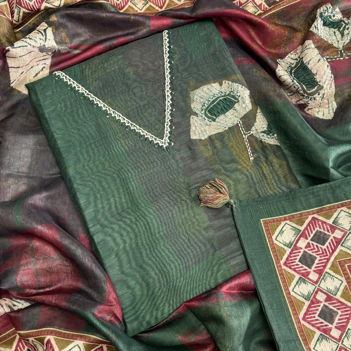 Elegant Organza Silk Thread Work Unstitched Suit Set-VTA214-D