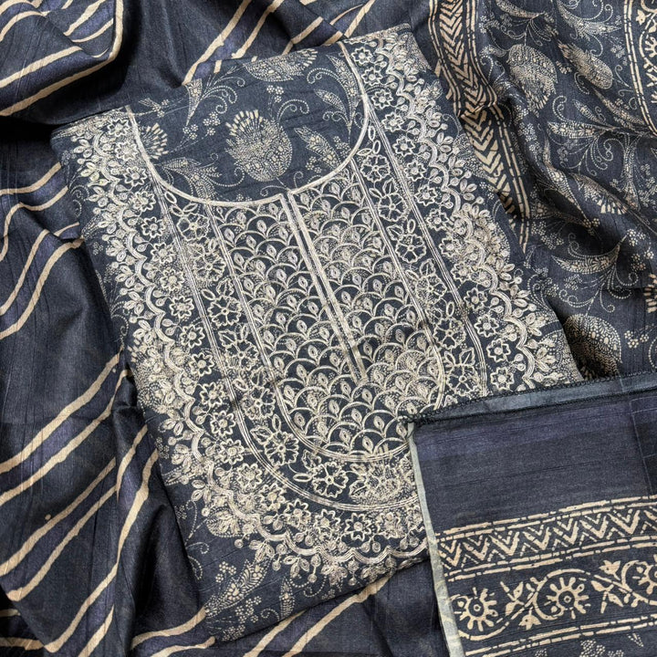 Printed Tiji Silk Zari Embroidery Unstitched Suit Set-VTA206-1