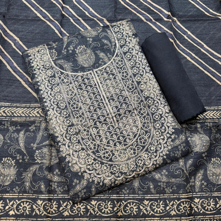Printed Tiji Silk Zari Embroidery Unstitched Suit Set-VTA206-1