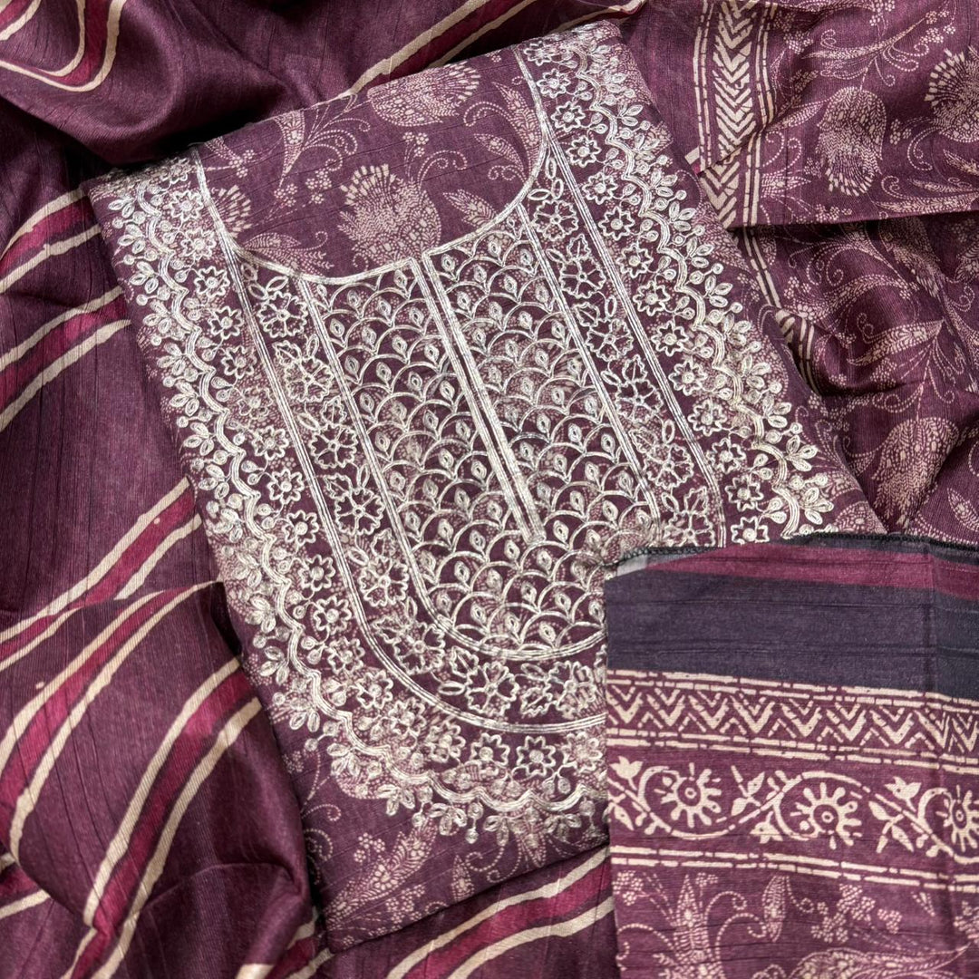 Printed Tiji Silk Zari Embroidery Unstitched Suit Set-VTA206-2