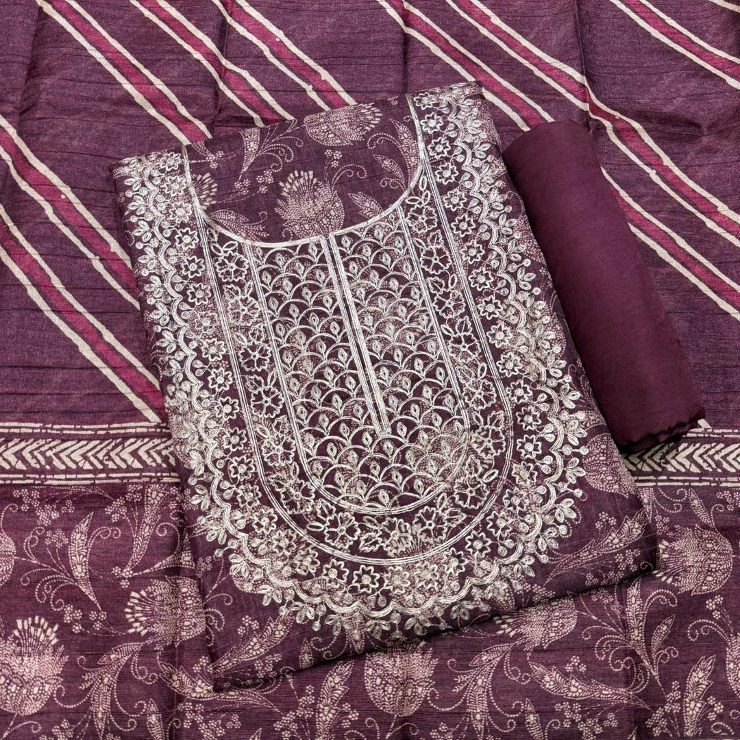 Printed Tiji Silk Zari Embroidery Unstitched Suit Set-VTA206-2