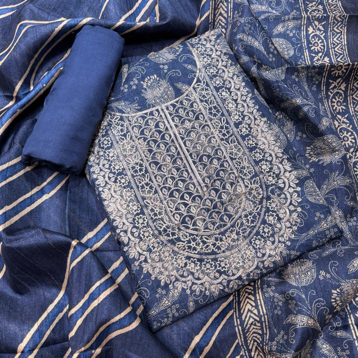 Printed Tiji Silk Zari Embroidery Unstitched Suit Set-VTA206-3