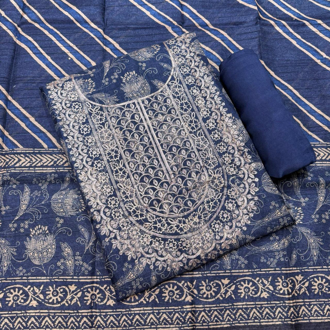 Printed Tiji Silk Zari Embroidery Unstitched Suit Set-VTA206-3