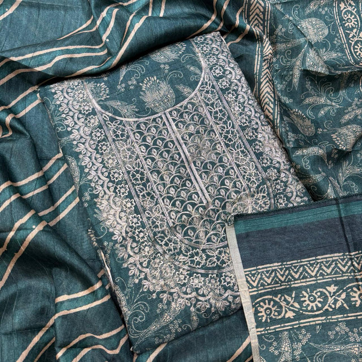 Printed Tiji Silk Zari Embroidery Unstitched Suit Set-VTA206-4