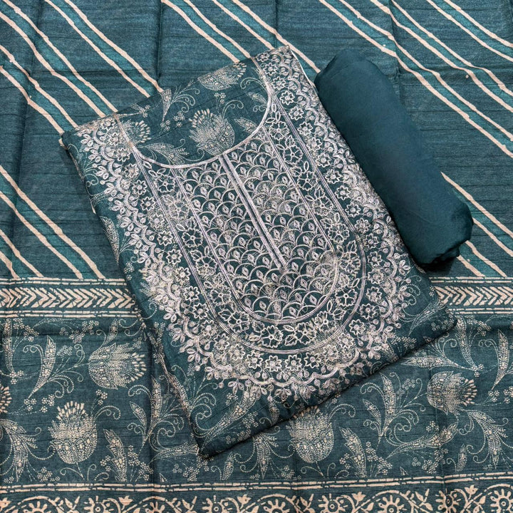 Printed Tiji Silk Zari Embroidery Unstitched Suit Set-VTA206-4