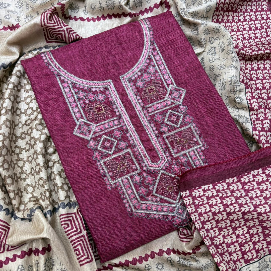 Elegant Slub Silk Moti & Thread Work Unstitched Suit Set - RE4311-C