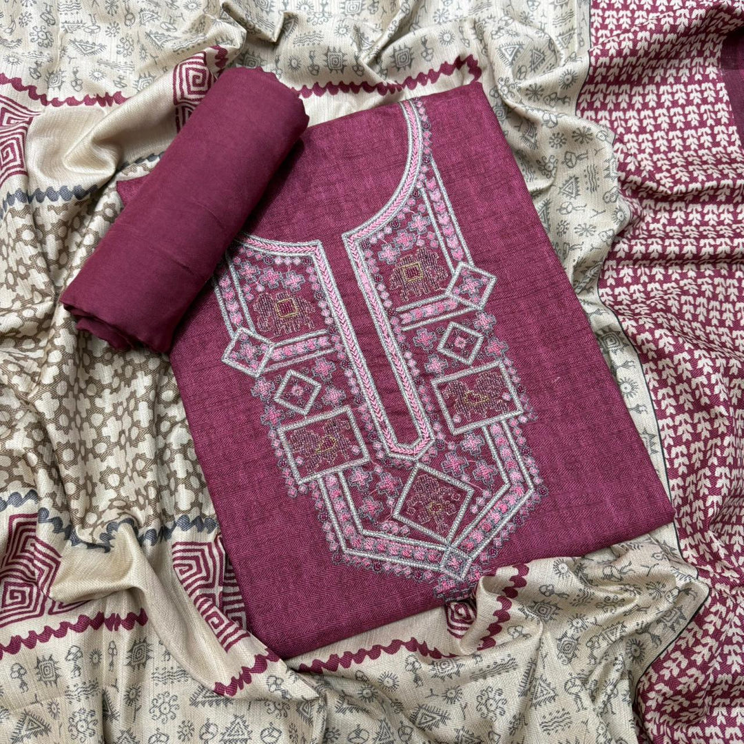Elegant Slub Silk Moti & Thread Work Unstitched Suit Set - RE4311-C