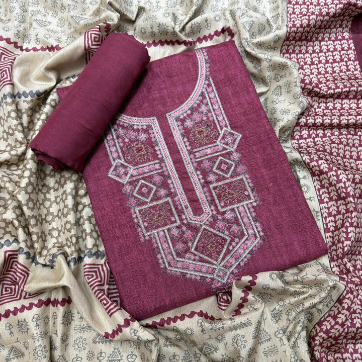 Elegant Slub Silk Moti & Thread Work Unstitched Suit Set - RE4311-C