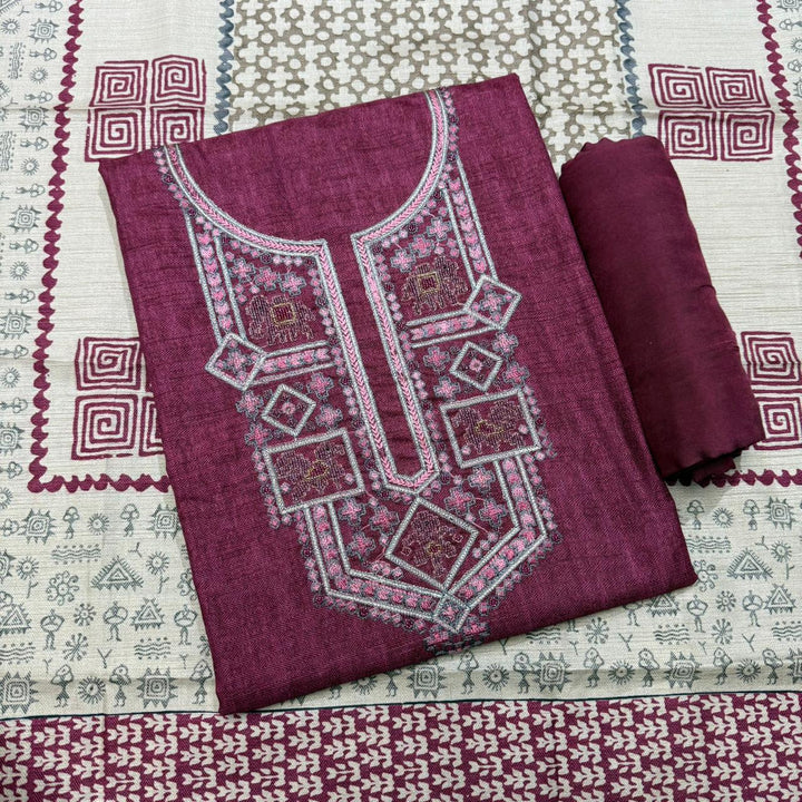 Elegant Slub Silk Moti & Thread Work Unstitched Suit Set - RE4311-C