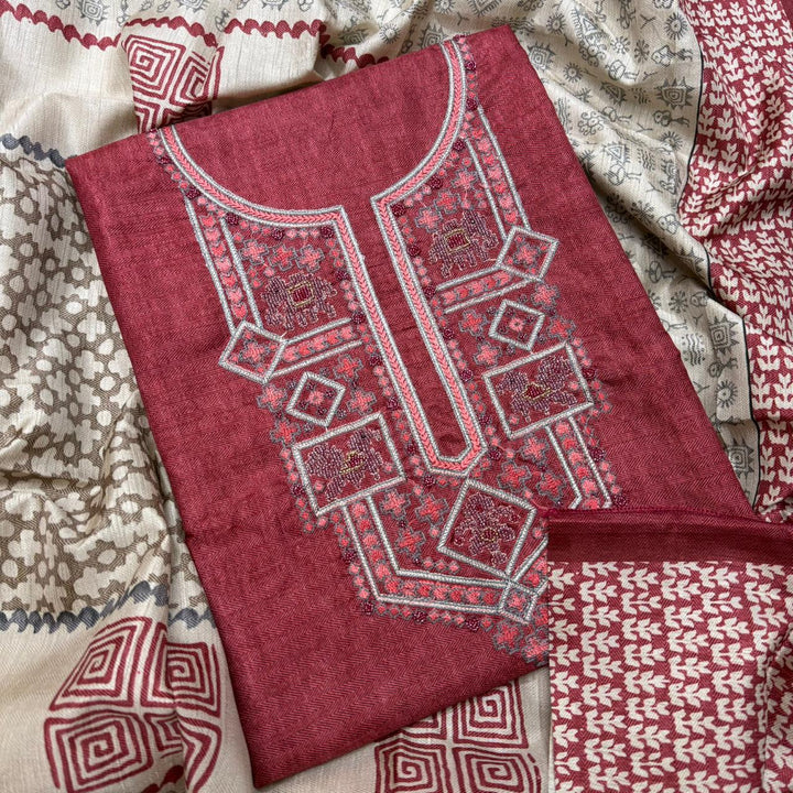 Elegant Slub Silk Moti & Thread Work Unstitched Suit Set - RE4311-E