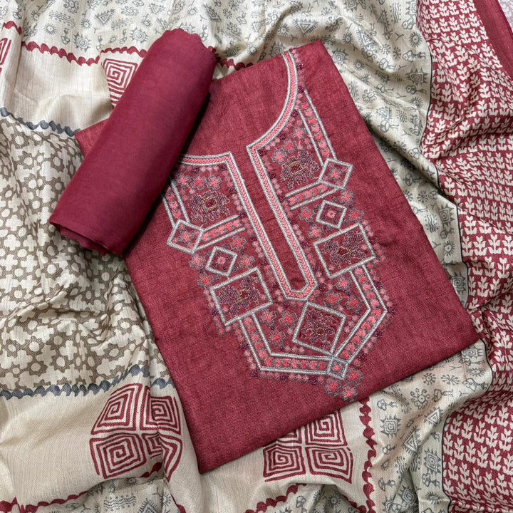 Elegant Slub Silk Moti & Thread Work Unstitched Suit Set - RE4311-E
