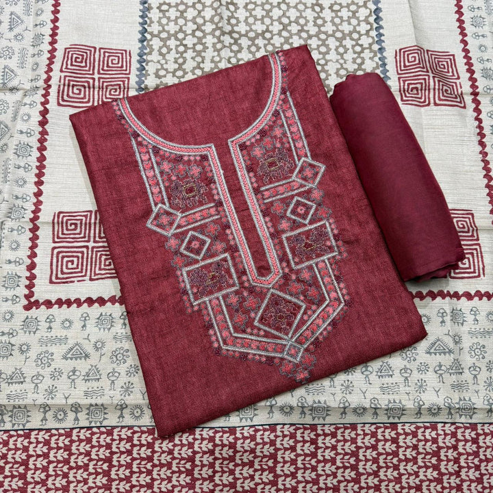 Elegant Slub Silk Moti & Thread Work Unstitched Suit Set - RE4311-E