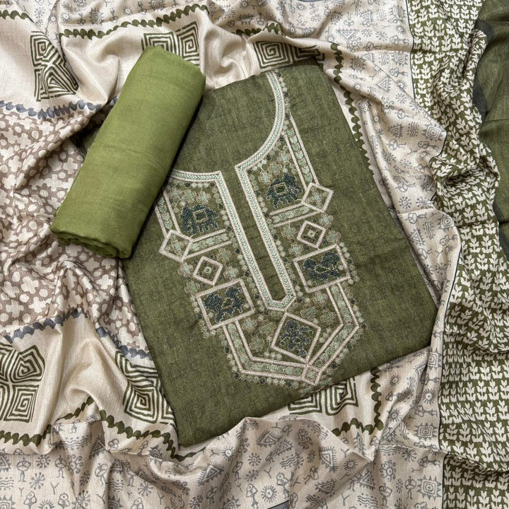 Elegant Slub Silk Moti & Thread Work Unstitched Suit Set - RE4311-B