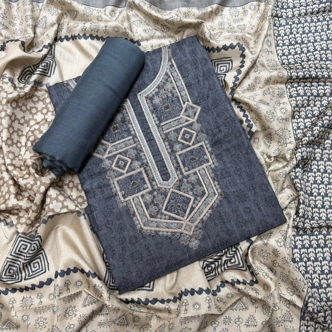 Elegant Slub Silk Moti & Thread Work Unstitched Suit Set - RE4311-A