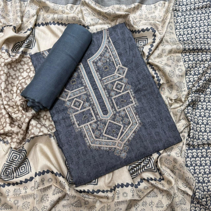 Elegant Slub Silk Moti & Thread Work Unstitched Suit Set - RE4311-A