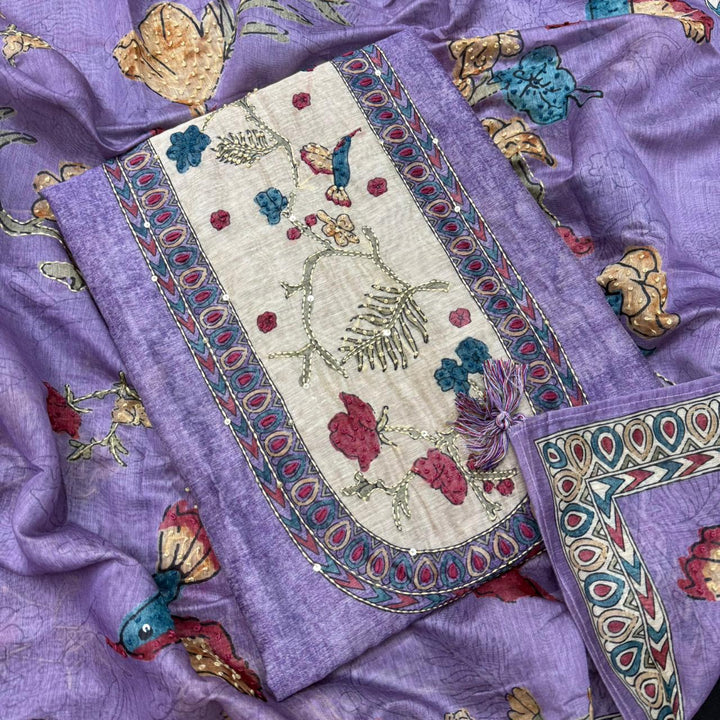 Mul Chanderi Unstitched Suit Set With Elegent Kantha Work - VTA227-2