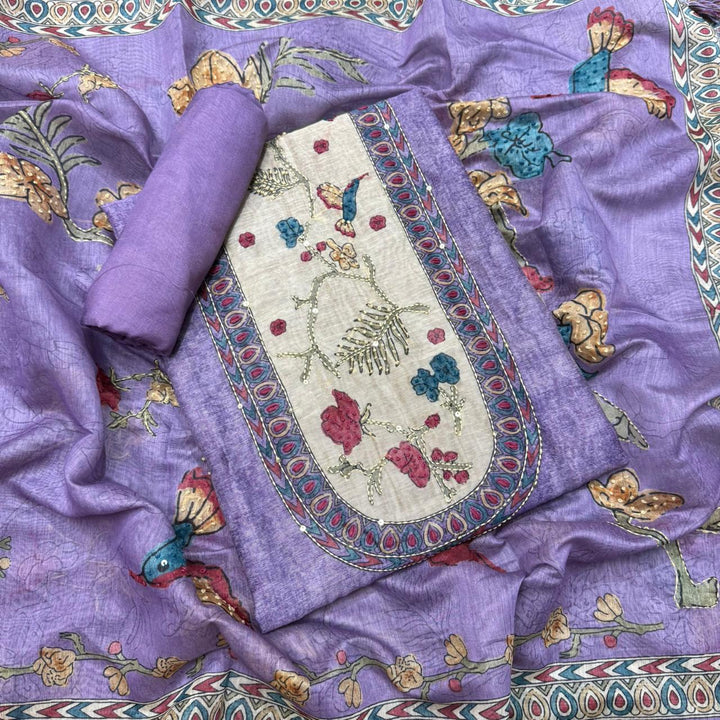 Mul Chanderi Unstitched Suit Set With Elegent Kantha Work - VTA227-2