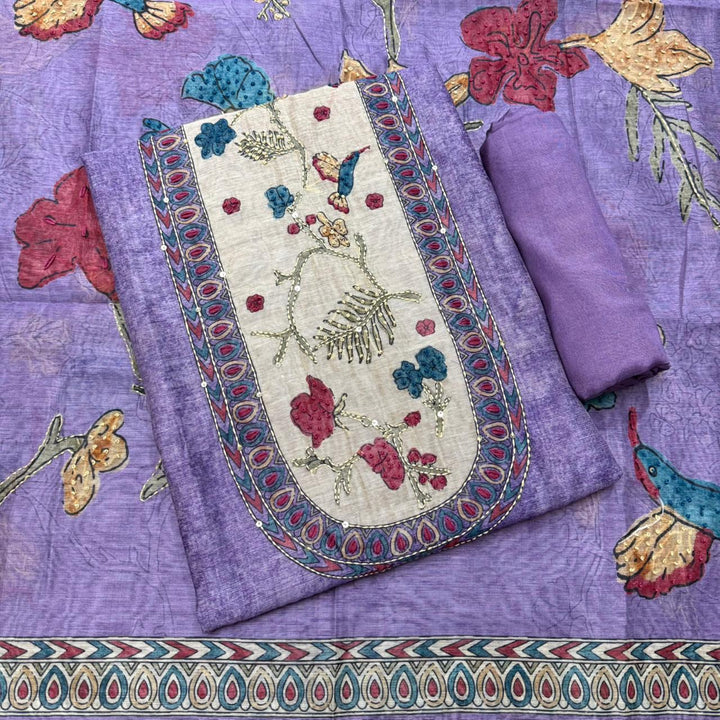 Mul Chanderi Unstitched Suit Set With Elegent Kantha Work - VTA227-2