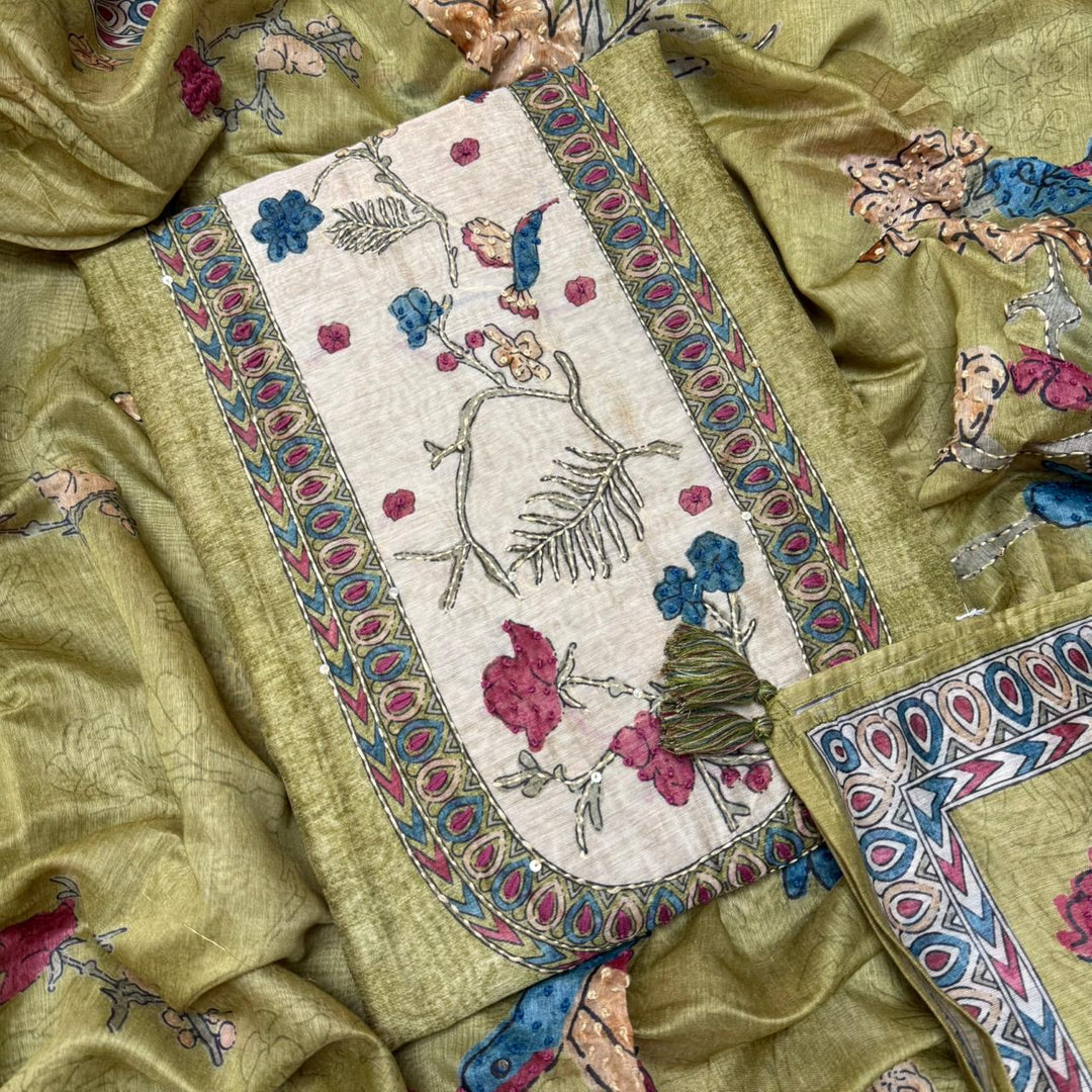 Mul Chanderi Unstitched Suit Set With Elegent Kantha Work - VTA227-3