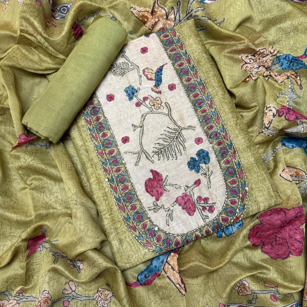 Mul Chanderi Unstitched Suit Set With Elegent Kantha Work - VTA227-3