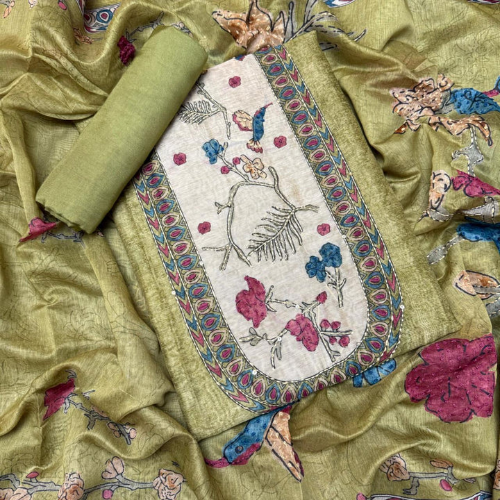 Mul Chanderi Unstitched Suit Set With Elegent Kantha Work - VTA227-3