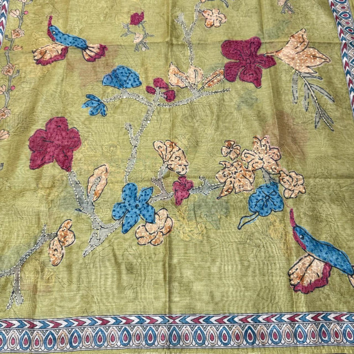 Mul Chanderi Unstitched Suit Set With Elegent Kantha Work - VTA227-3