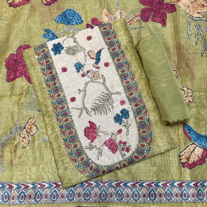 Mul Chanderi Unstitched Suit Set With Elegent Kantha Work - VTA227-3