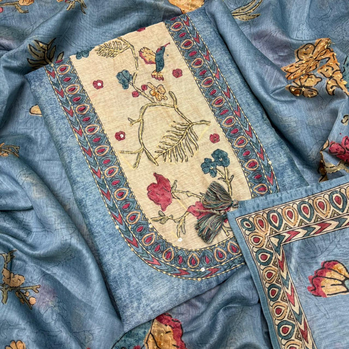 Mul Chanderi Unstitched Suit Set With Elegent Kantha Work - VTA227-1