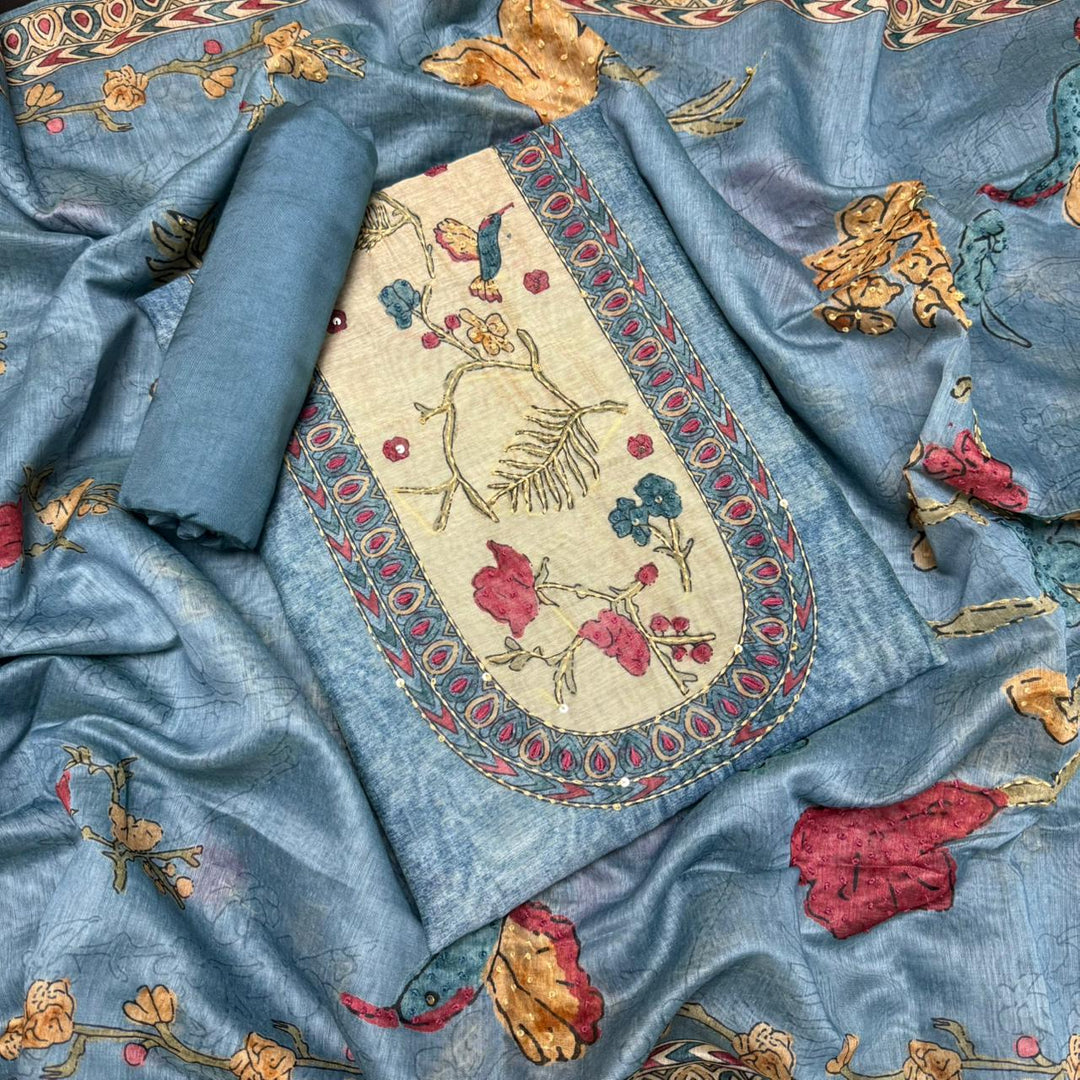 Mul Chanderi Unstitched Suit Set With Elegent Kantha Work - VTA227-1