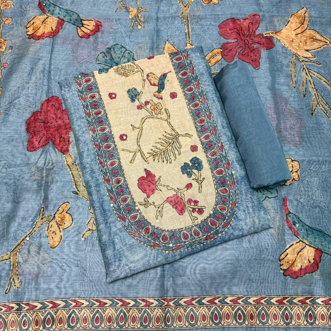 Mul Chanderi Unstitched Suit Set With Elegent Kantha Work - VTA227-1