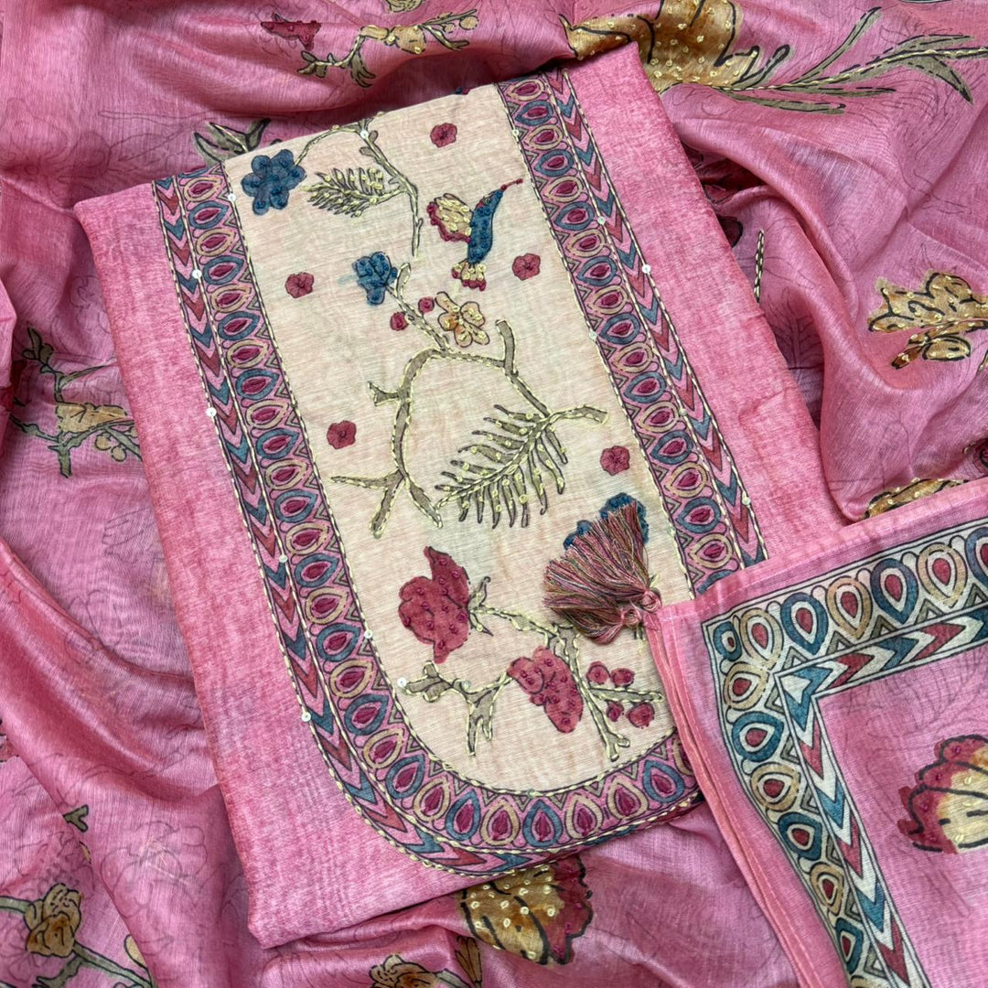 Mul Chanderi Unstitched Suit Set With Elegent Kantha Work - VTA227-4