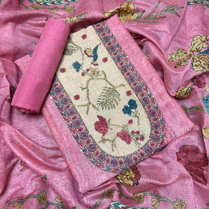 Mul Chanderi Unstitched Suit Set With Elegent Kantha Work - VTA227-4