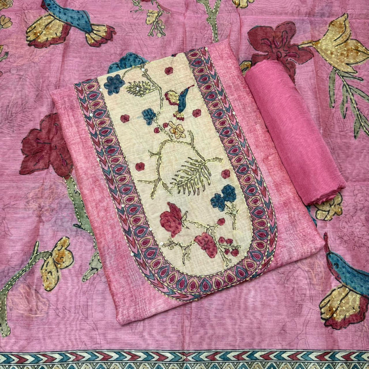 Mul Chanderi Unstitched Suit Set With Elegent Kantha Work - VTA227-4