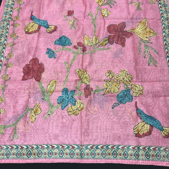 Mul Chanderi Unstitched Suit Set With Elegent Kantha Work - VTA227-4