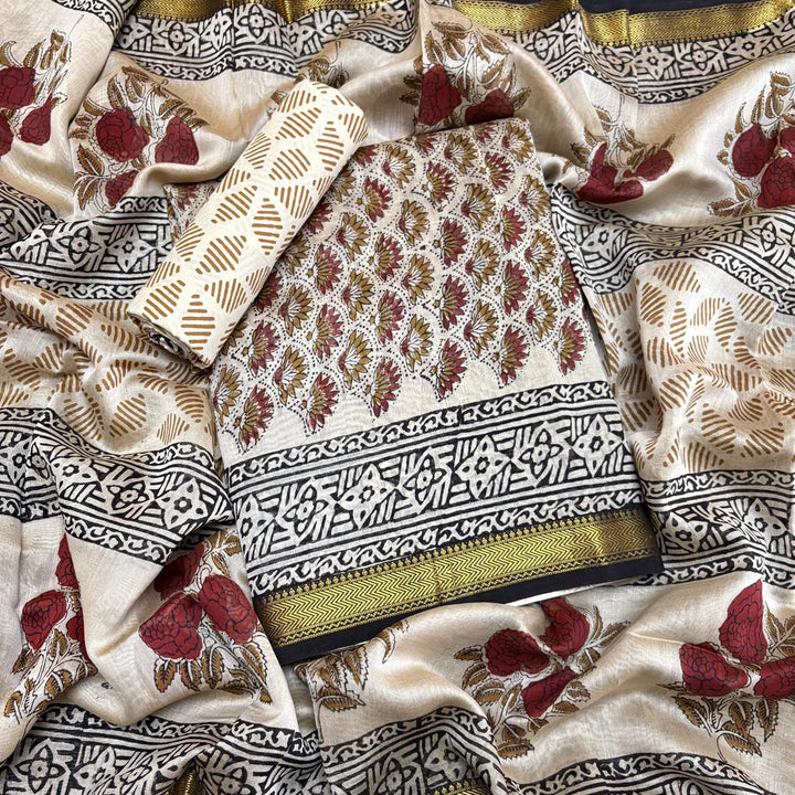 Elegant Chanderi Cotton Printed Unstitched Suit Set-N58001-B