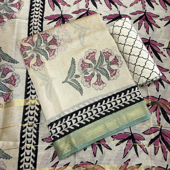 Elegant Chanderi Cotton Printed Unstitched Suit Set-N58001-C