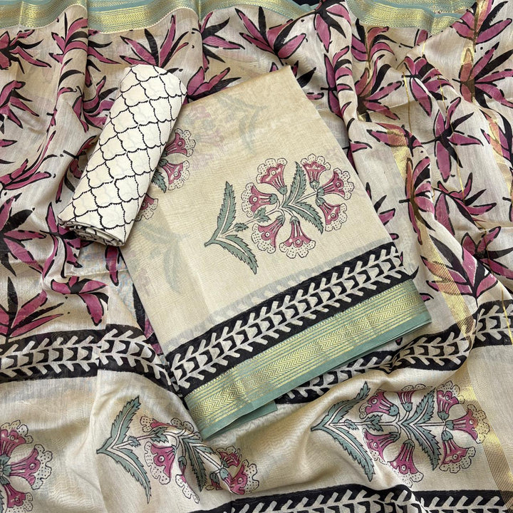 Elegant Chanderi Cotton Printed Unstitched Suit Set-N58001-C