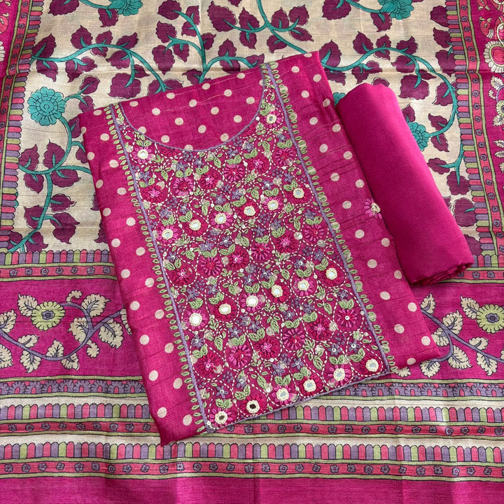 Elegant Tigi Silk Kantha Work Polka Dot Unstitched Suit Set - RE0393-A