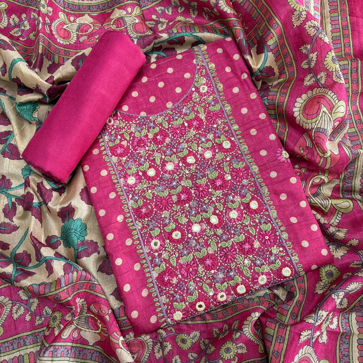 Elegant Tigi Silk Kantha Work Polka Dot Unstitched Suit Set - RE0393-A
