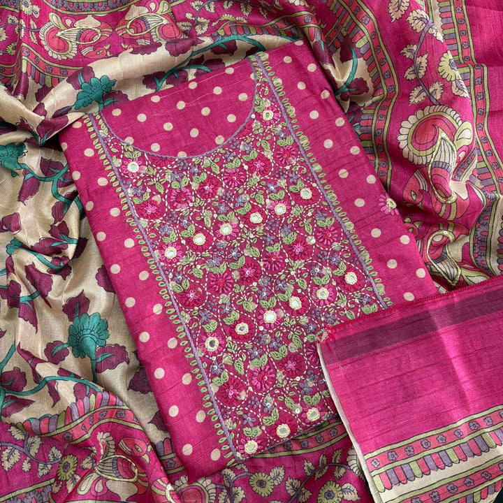 Elegant Tigi Silk Kantha Work Polka Dot Unstitched Suit Set - RE0393-A