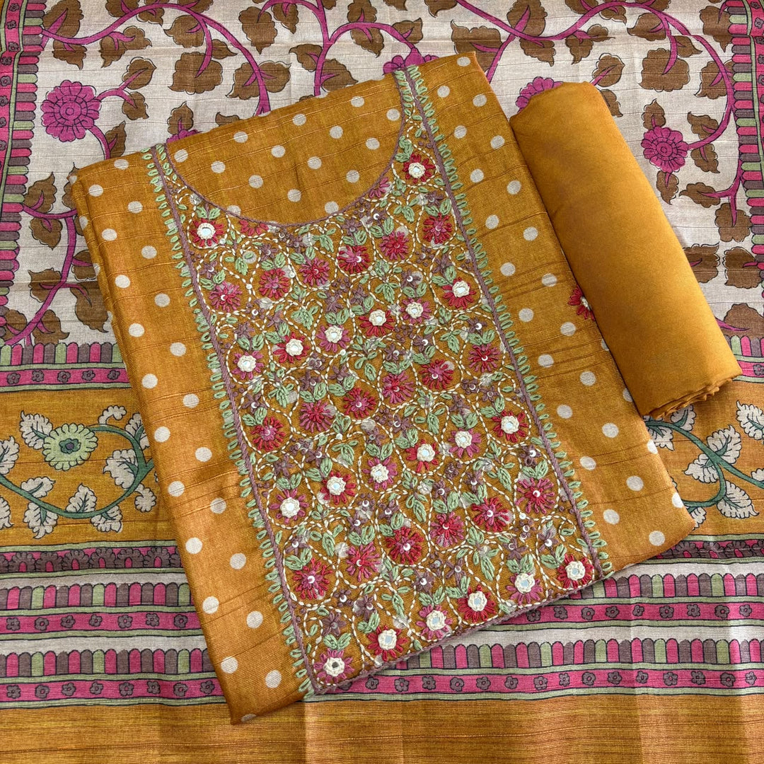 Elegant Tigi Silk Kantha Work Polka Dot Unstitched Suit Set - RE0393-B