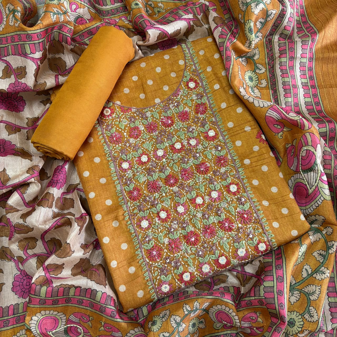 Elegant Tigi Silk Kantha Work Polka Dot Unstitched Suit Set - RE0393-B