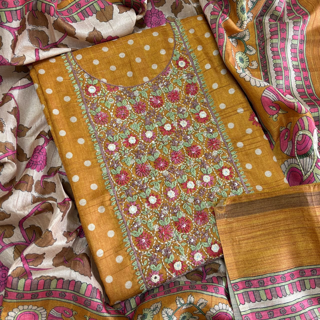Elegant Tigi Silk Kantha Work Polka Dot Unstitched Suit Set - RE0393-B
