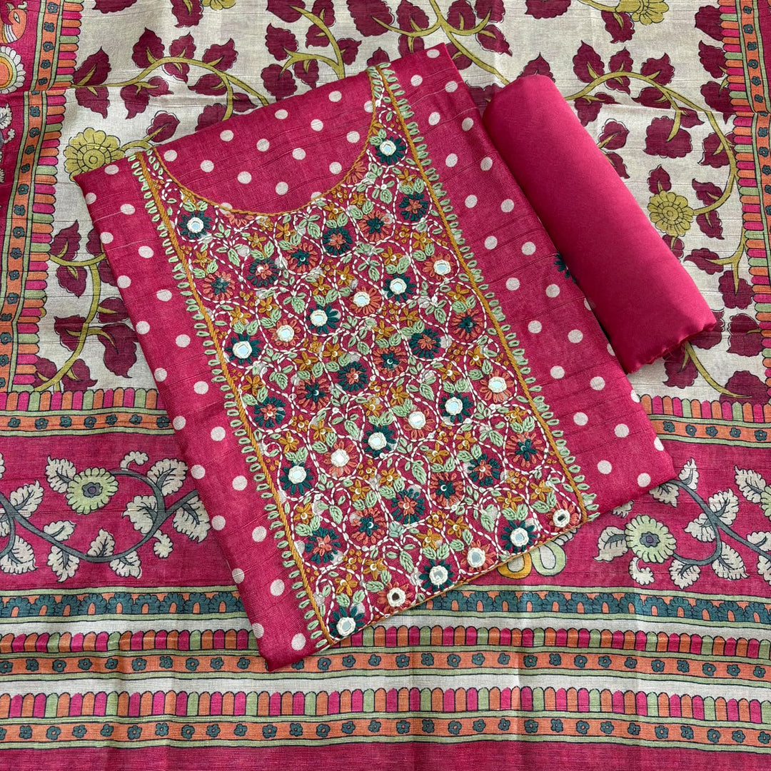 Elegant Tigi Silk Kantha Work Polka Dot Unstitched Suit Set - RE0393-C